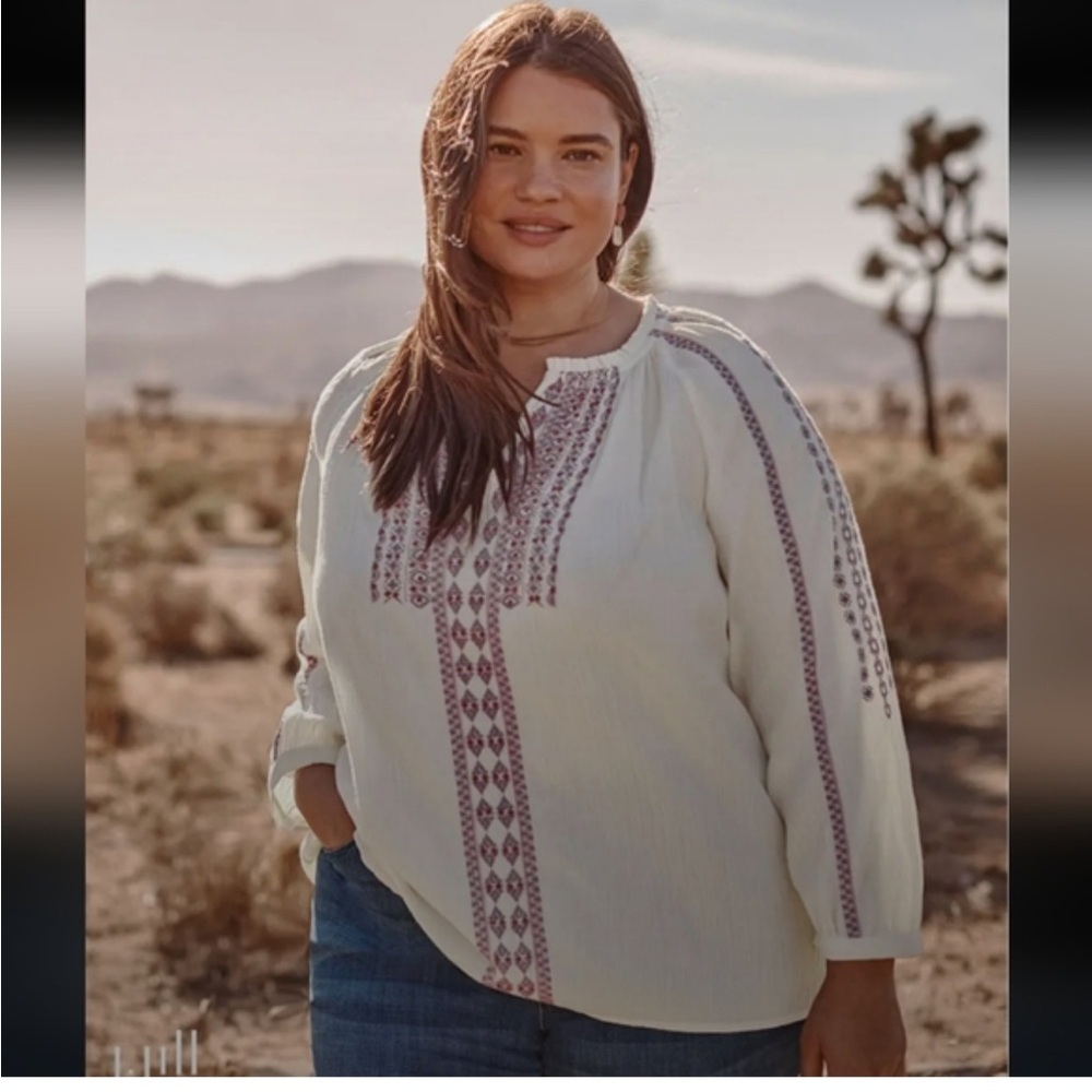 J. Jill Cross Stitch Embroidered Beaded Boho Gauzy Cotton Peasant Blouse Top 2X